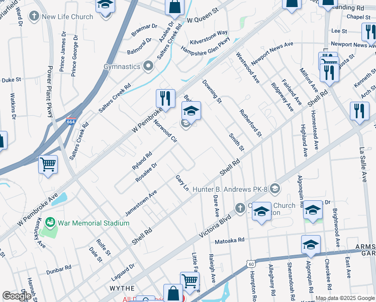 map of restaurants, bars, coffee shops, grocery stores, and more near 742 Norwood Circle in Hampton