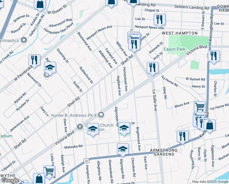 map of restaurants, bars, coffee shops, grocery stores, and more near 461 Algonquin Road in Hampton