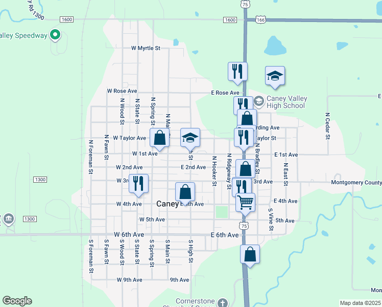 map of restaurants, bars, coffee shops, grocery stores, and more near 201 East 1st Avenue in Caney
