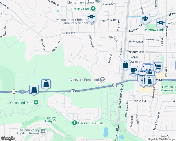 map of restaurants, bars, coffee shops, grocery stores, and more near 8262 Rancho Real in Gilroy
