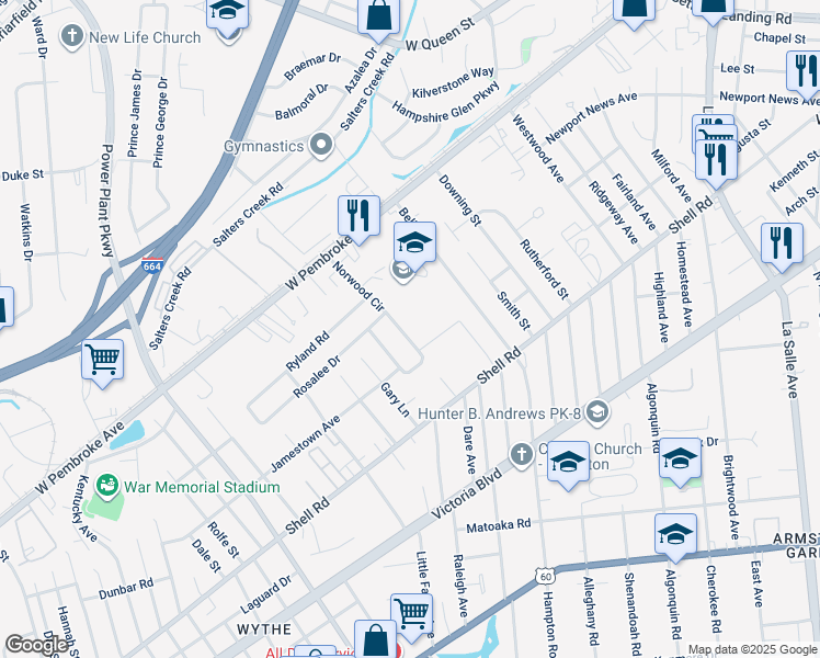 map of restaurants, bars, coffee shops, grocery stores, and more near 742 Norwood Circle in Hampton