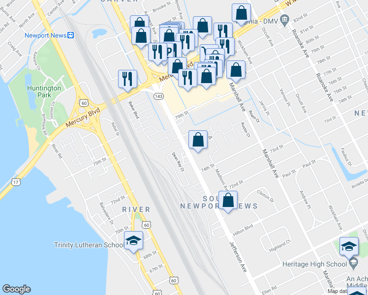 map of restaurants, bars, coffee shops, grocery stores, and more near 38 Riverlands Drive in Newport News