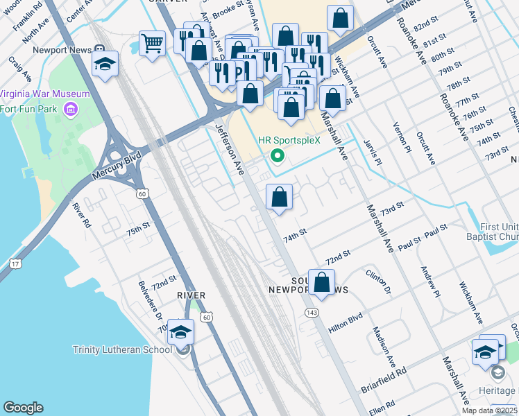 map of restaurants, bars, coffee shops, grocery stores, and more near 32 Riverlands Drive in Newport News
