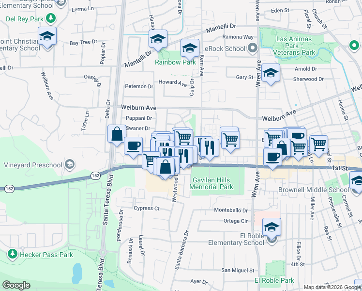 map of restaurants, bars, coffee shops, grocery stores, and more near 811 Fillippelli Drive in Gilroy