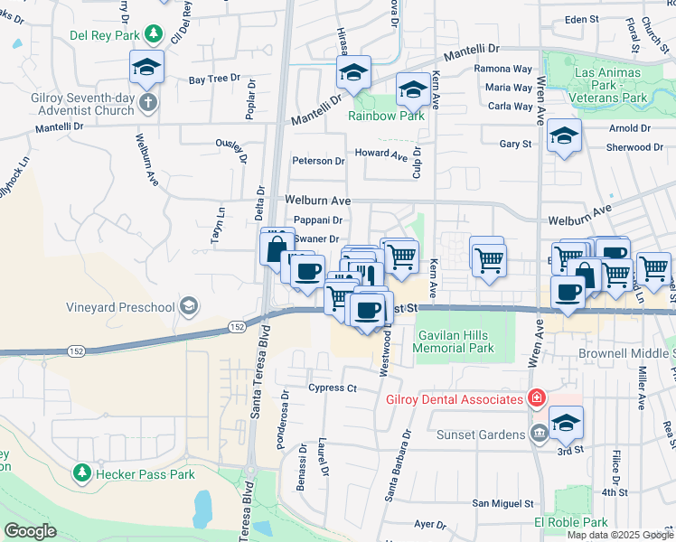 map of restaurants, bars, coffee shops, grocery stores, and more near 8225 Kelton Drive in Gilroy