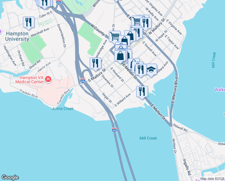 map of restaurants, bars, coffee shops, grocery stores, and more near 117 Downes Street in Hampton