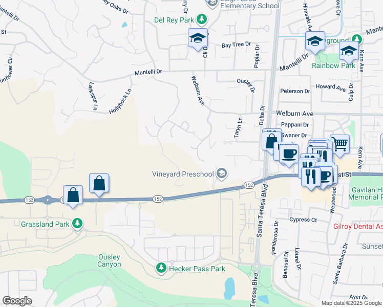 map of restaurants, bars, coffee shops, grocery stores, and more near 8255 Rancho Real in Gilroy