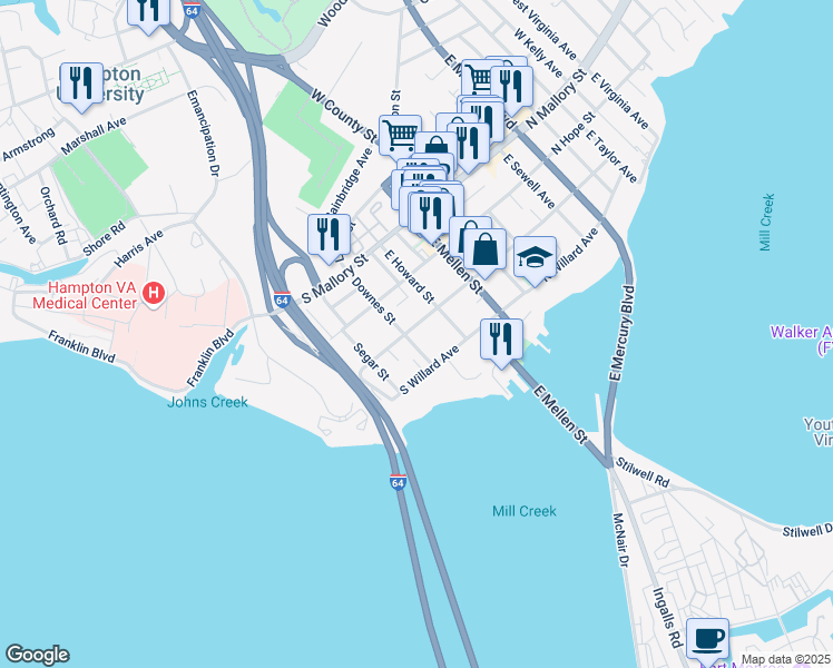 map of restaurants, bars, coffee shops, grocery stores, and more near 221 South Curry Street in Hampton