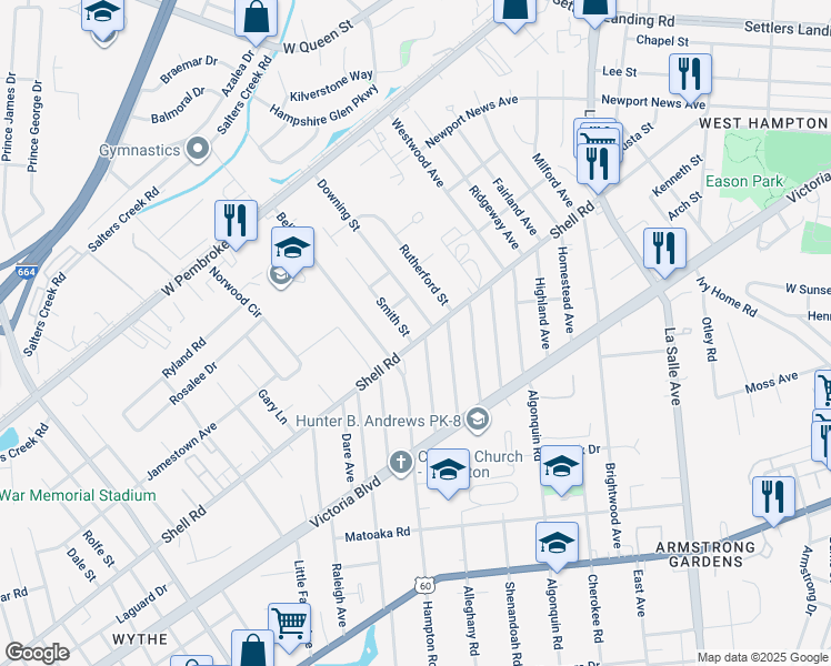 map of restaurants, bars, coffee shops, grocery stores, and more near 3003 Shell Road in Hampton