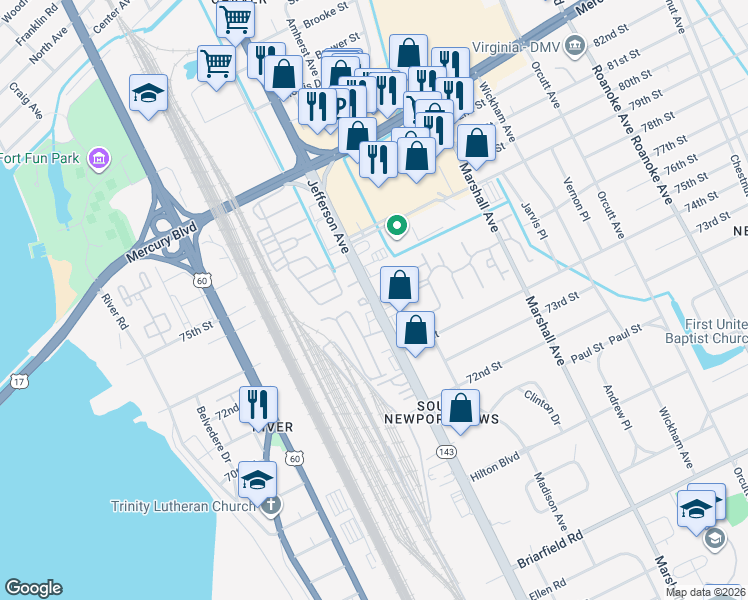 map of restaurants, bars, coffee shops, grocery stores, and more near 6012 Jefferson Avenue in Newport News