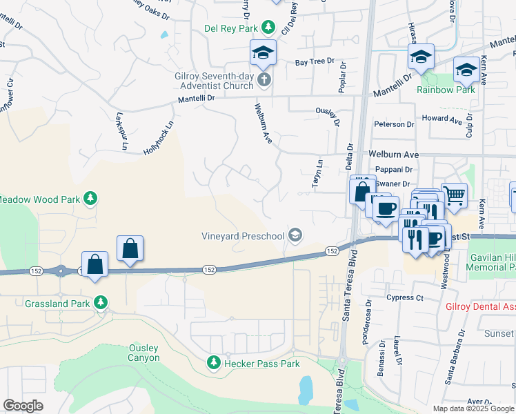 map of restaurants, bars, coffee shops, grocery stores, and more near 8255 Rancho Real in Gilroy