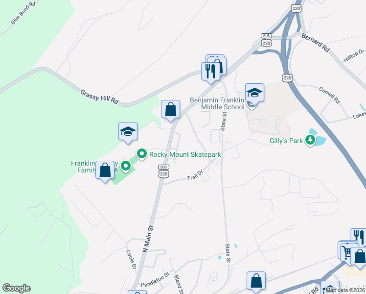 map of restaurants, bars, coffee shops, grocery stores, and more near 128-152 Harvey Street in Rocky Mount