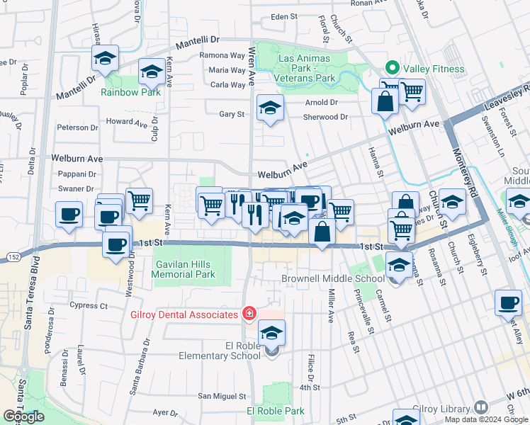 map of restaurants, bars, coffee shops, grocery stores, and more near 776 El Cerrito Way in Gilroy