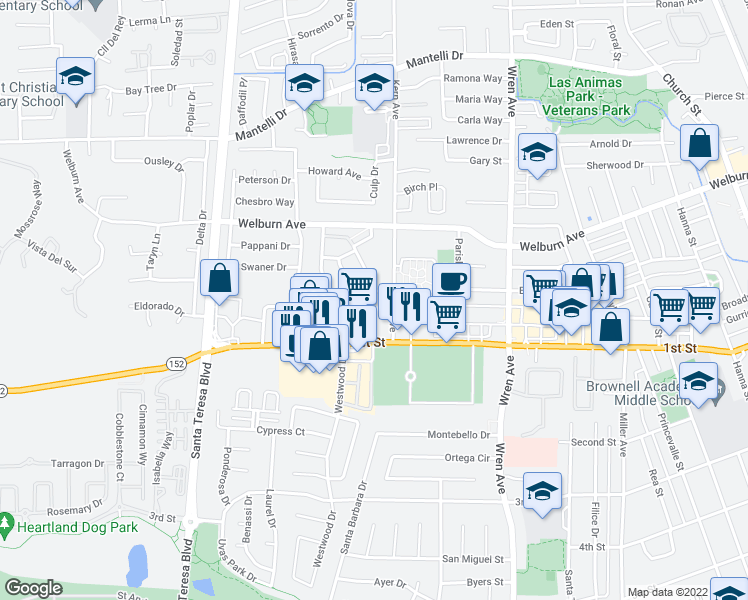 map of restaurants, bars, coffee shops, grocery stores, and more near 8105 Kern Avenue in Gilroy