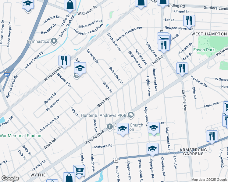 map of restaurants, bars, coffee shops, grocery stores, and more near 3003 Shell Road in Hampton