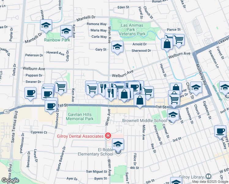 map of restaurants, bars, coffee shops, grocery stores, and more near 782 El Cerrito Way in Gilroy