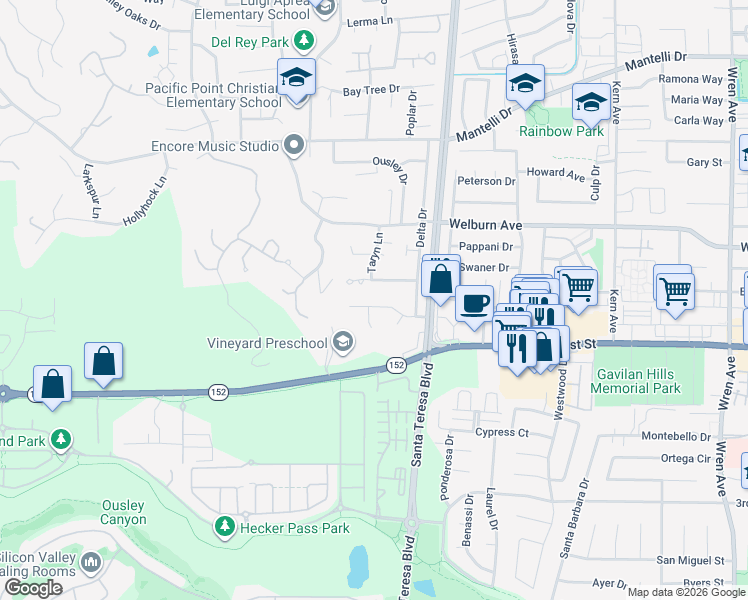 map of restaurants, bars, coffee shops, grocery stores, and more near 1617 Eldorado Drive in Gilroy