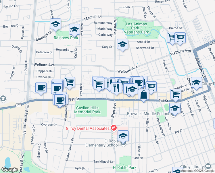 map of restaurants, bars, coffee shops, grocery stores, and more near 840 El Cerrito Way in Gilroy