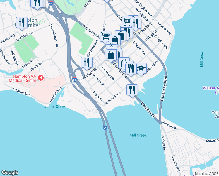 map of restaurants, bars, coffee shops, grocery stores, and more near 221 South Curry Street in Hampton