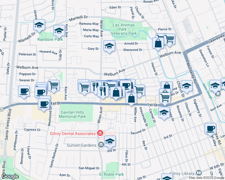 map of restaurants, bars, coffee shops, grocery stores, and more near 773 El Cerrito Way in Gilroy