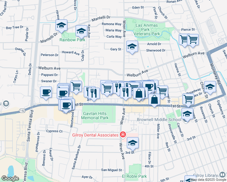 map of restaurants, bars, coffee shops, grocery stores, and more near 871 El Cerrito Way in Gilroy