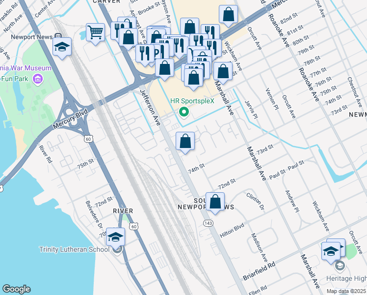 map of restaurants, bars, coffee shops, grocery stores, and more near 6012 Jefferson Avenue in Newport News