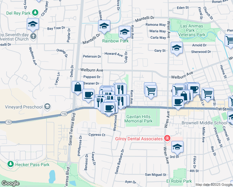 map of restaurants, bars, coffee shops, grocery stores, and more near 8170 Westwood Drive in Gilroy