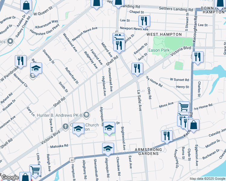map of restaurants, bars, coffee shops, grocery stores, and more near 3501 Victoria Boulevard in Hampton