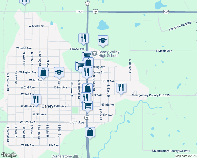 map of restaurants, bars, coffee shops, grocery stores, and more near 401 North Vine Street in Caney