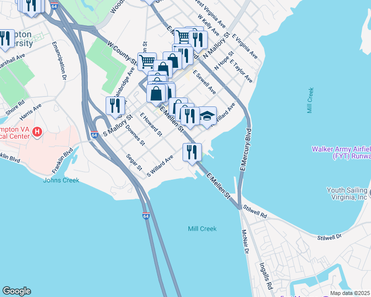 map of restaurants, bars, coffee shops, grocery stores, and more near 111 South Willard Avenue in Hampton