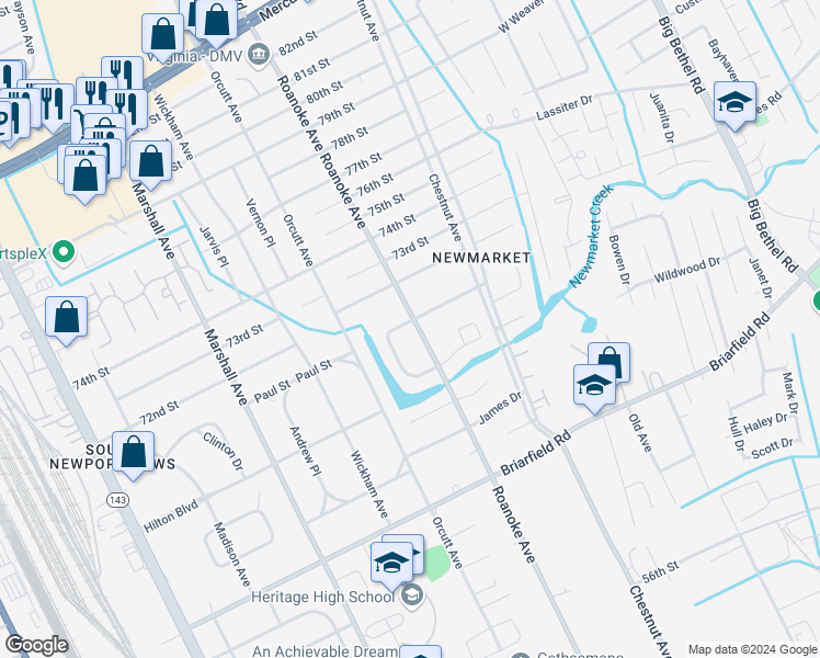 map of restaurants, bars, coffee shops, grocery stores, and more near 7011 Roanoke Avenue in Newport News