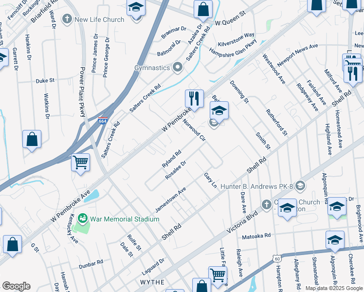 map of restaurants, bars, coffee shops, grocery stores, and more near 2825 Ryland Road in Hampton