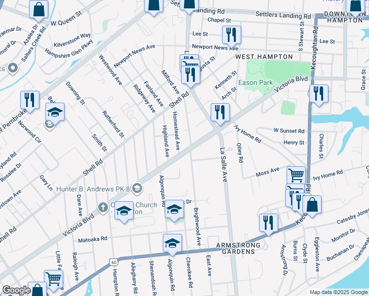 map of restaurants, bars, coffee shops, grocery stores, and more near 3507 Victoria Boulevard in Hampton