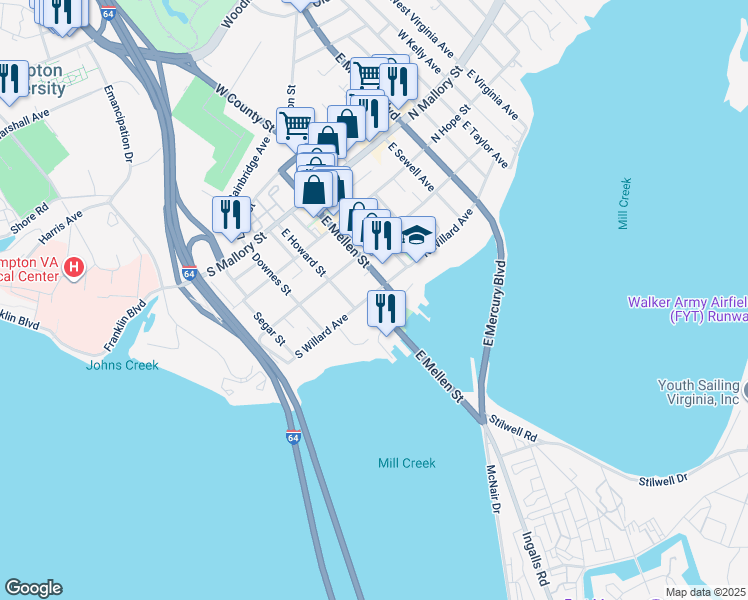 map of restaurants, bars, coffee shops, grocery stores, and more near 111 South Willard Avenue in Hampton