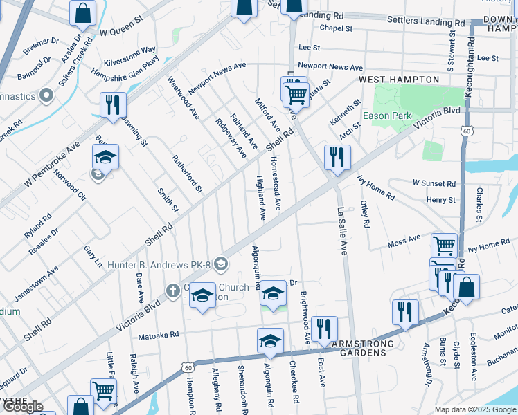 map of restaurants, bars, coffee shops, grocery stores, and more near 425 Highland Avenue in Hampton