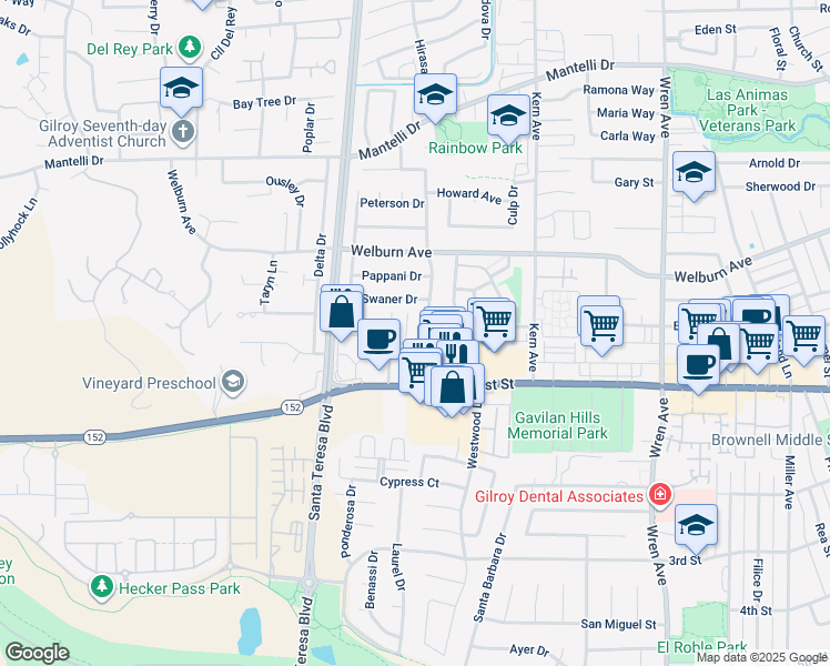 map of restaurants, bars, coffee shops, grocery stores, and more near 8197 Kelton Drive in Gilroy