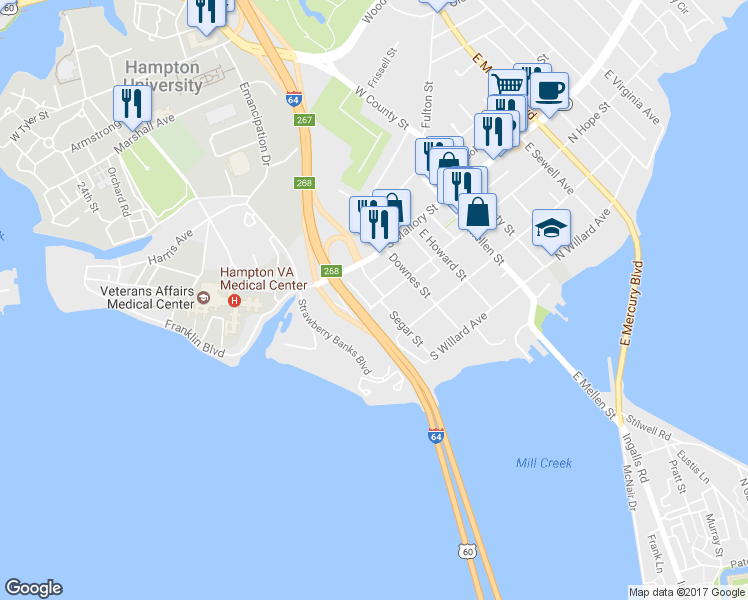 map of restaurants, bars, coffee shops, grocery stores, and more near 406 South Hope Street in Hampton