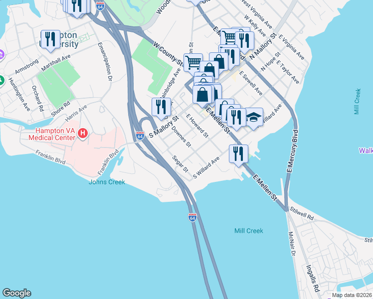 map of restaurants, bars, coffee shops, grocery stores, and more near 117 Downes Street in Hampton