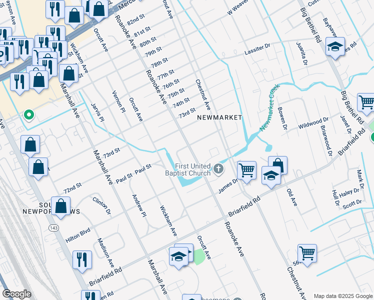 map of restaurants, bars, coffee shops, grocery stores, and more near 7011 Roanoke Avenue in Newport News