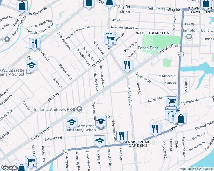 map of restaurants, bars, coffee shops, grocery stores, and more near 3507 Victoria Boulevard in Hampton
