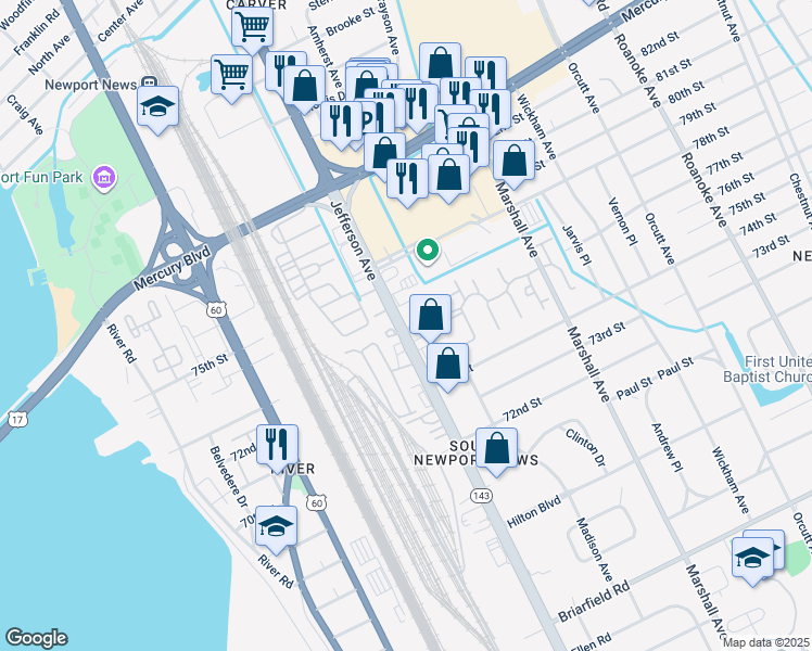 map of restaurants, bars, coffee shops, grocery stores, and more near 3 Riverlands Drive in Newport News