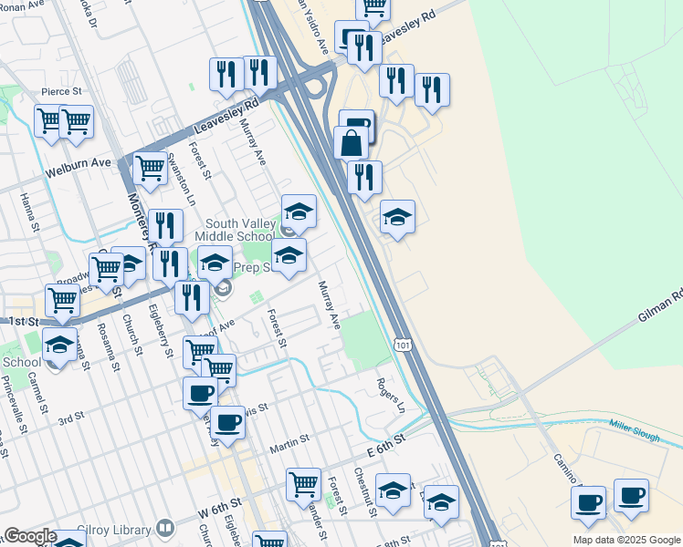 map of restaurants, bars, coffee shops, grocery stores, and more near 16 Ioof Avenue in Gilroy