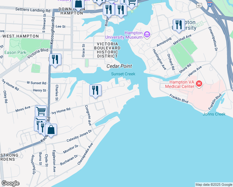 map of restaurants, bars, coffee shops, grocery stores, and more near 28 Ivy Home Road in Hampton