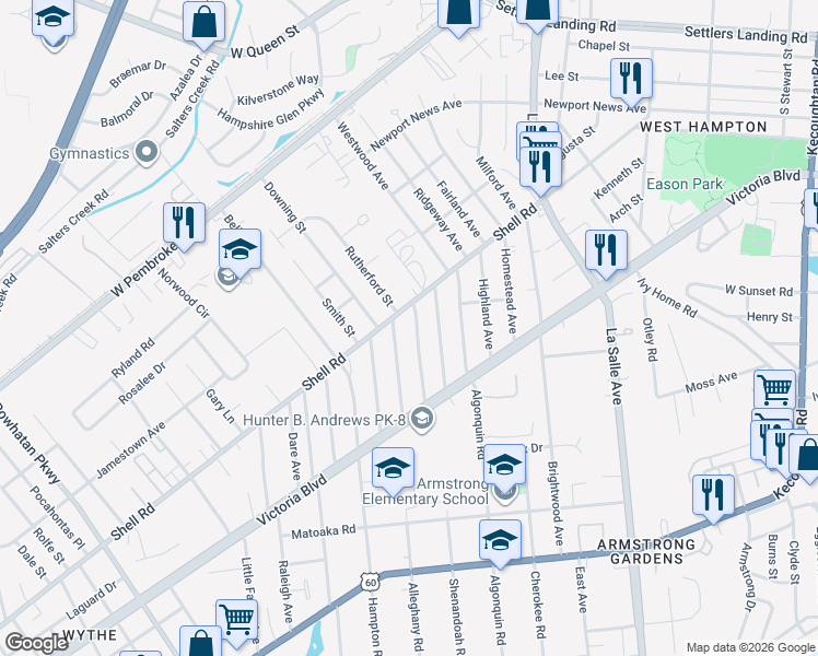 map of restaurants, bars, coffee shops, grocery stores, and more near 428 Shenandoah Road in Hampton