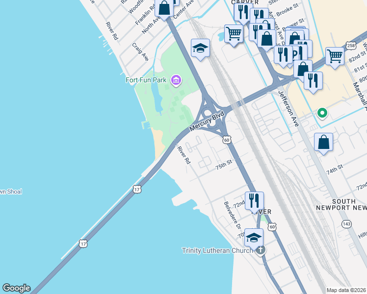 map of restaurants, bars, coffee shops, grocery stores, and more near 95 Towne Square Drive in Newport News