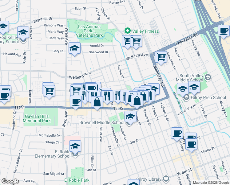 map of restaurants, bars, coffee shops, grocery stores, and more near 475 La Sierra Way in Gilroy