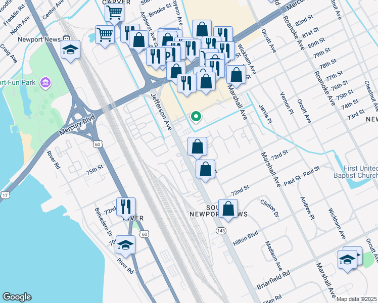 map of restaurants, bars, coffee shops, grocery stores, and more near 7 Riverlands Drive in Newport News
