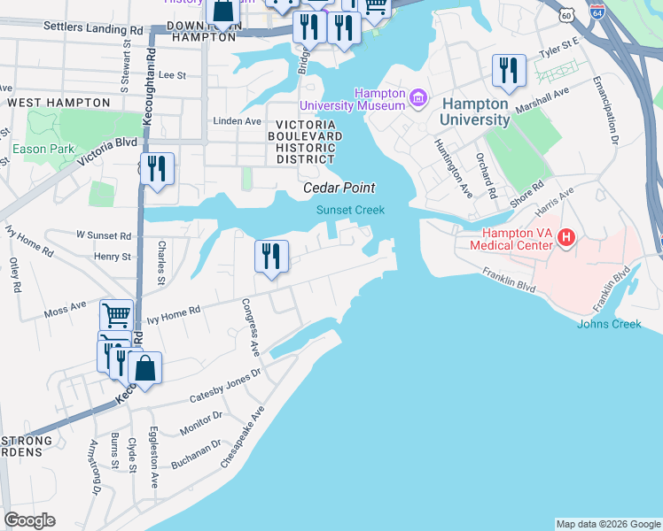 map of restaurants, bars, coffee shops, grocery stores, and more near 102 Marina Road in Hampton