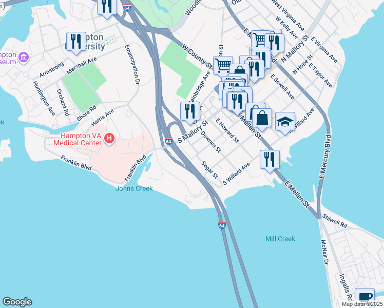 map of restaurants, bars, coffee shops, grocery stores, and more near 406 South Hope Street in Hampton