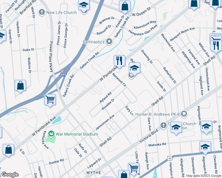 map of restaurants, bars, coffee shops, grocery stores, and more near 2825 Ryland Road in Hampton